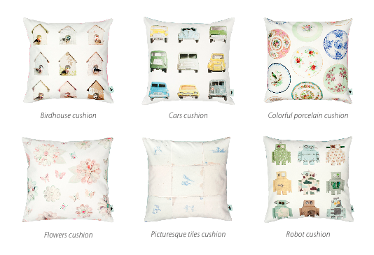 Kussens met vogelhuisjes, stoere auto’s, robot’s en porselein