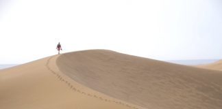 De duinen van Maspalomas, alsof je in de woestijn bent! persoon op zandduin maspalomas gran canaria