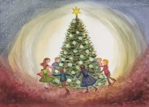 Kinderen dansen rond de kerstboom bijdehansje