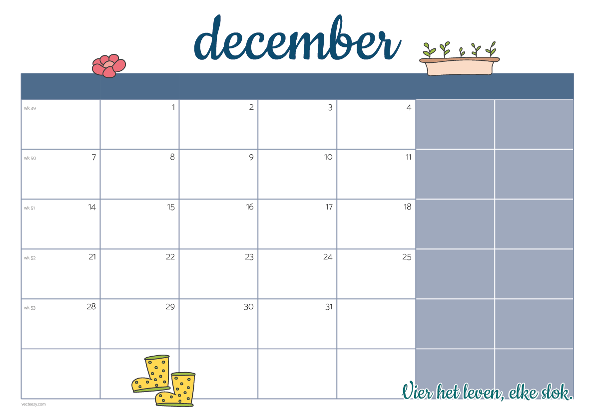Gratis printbare kalender december 2026